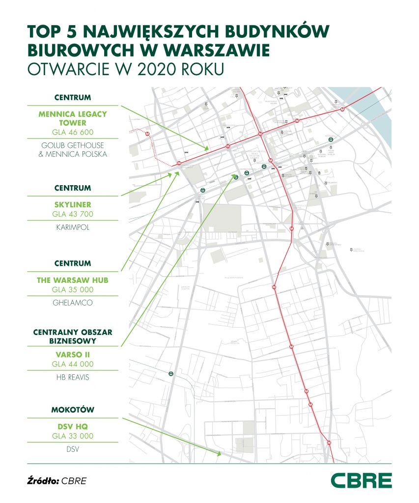  największe biurowce 2020 w Warszawie - mapa