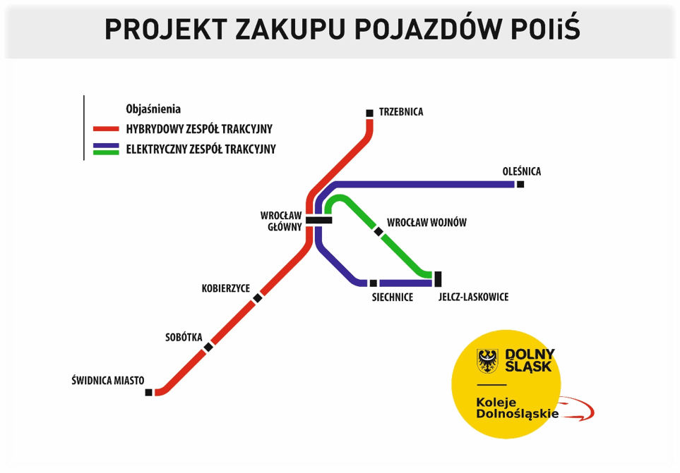 Pociągi hybrydowe - pierwsze w Polsce kupią  Koleje Dolnośląskie - mapa trasy