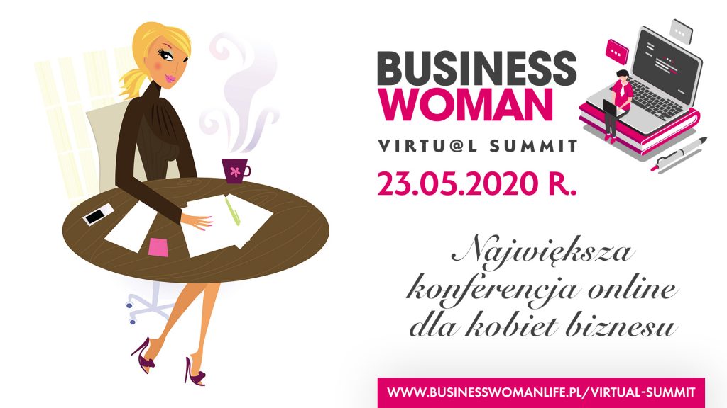 Największa konferencja online dla Kobiet Biznesu- kolorowa grafika, kobieta siedzi przy biurku, na blacie leżą notatki, telefon i stoi filiżanka kawy.