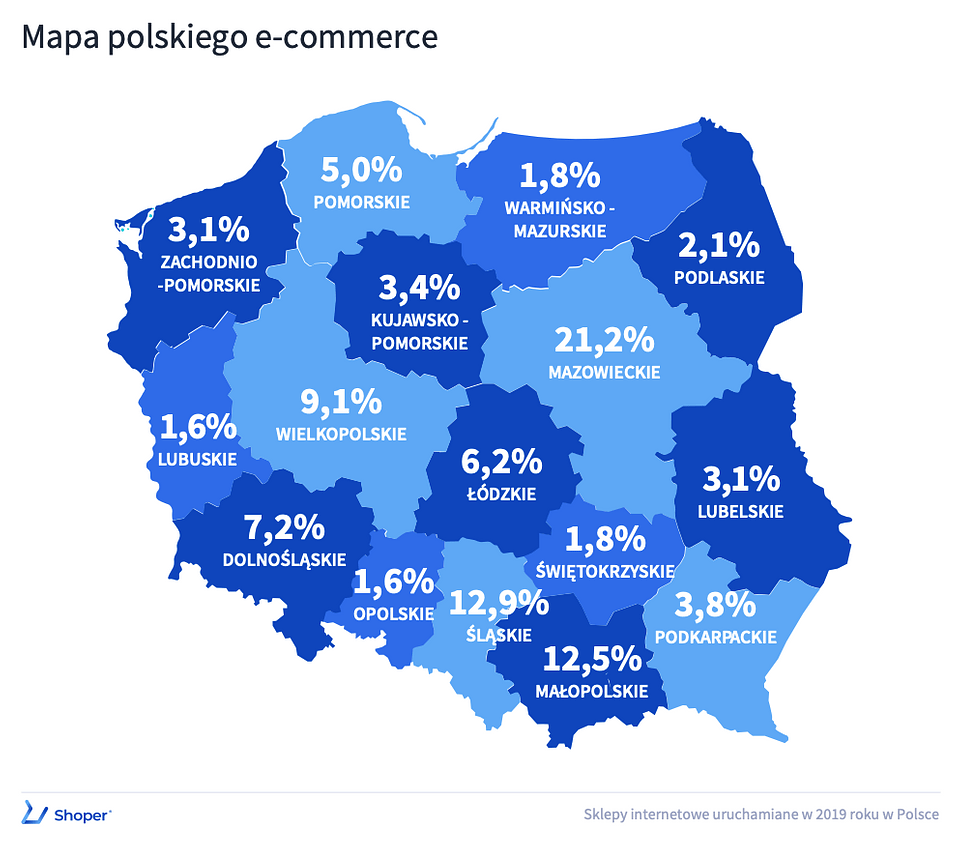 Polski e-commerce daje pracę w kryzysie i mapa Polski w kolorze niebieskim,  zpodziałem na województwa i procenty rozwoju e-commerce