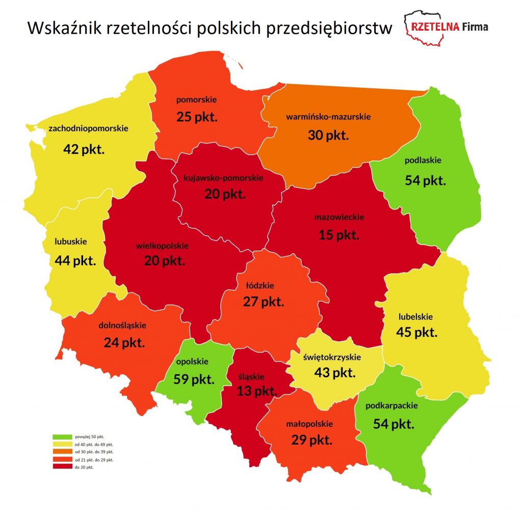 Wskaźnik rzetelności przedsiębiorstw. Jak płacą polskie firmy? - infografika, mapa z wyszczególnionymi województwami określeniem procentowym zadłużenia