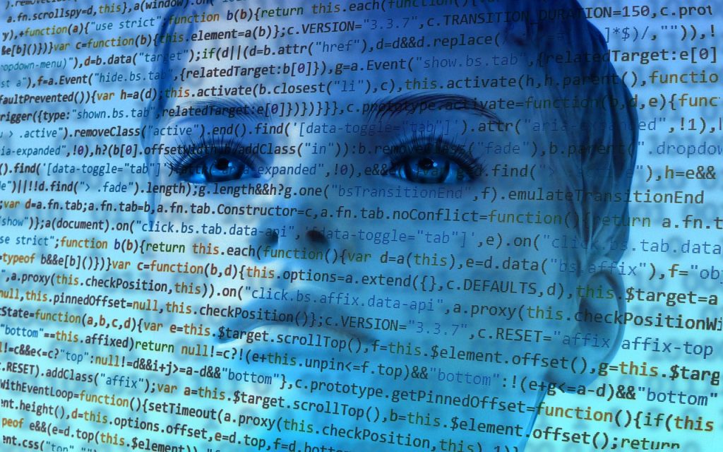 Nowe technologie w psychologii - algorytmy i twarz kobiety w tle.