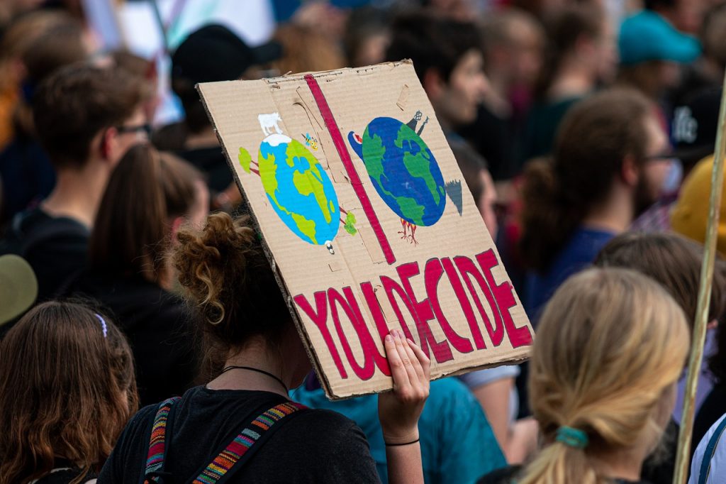 Zmiany klimatyczne - młodzi są proekologiczni - demonstracja młodzieży , strajk ekologiczny, młodzież niesie transparent z napisem YOU DECIDED