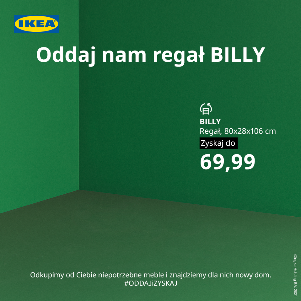 IKEA zmienia Black Friday na Green Friday - zielony plakat z białymi napisami. 