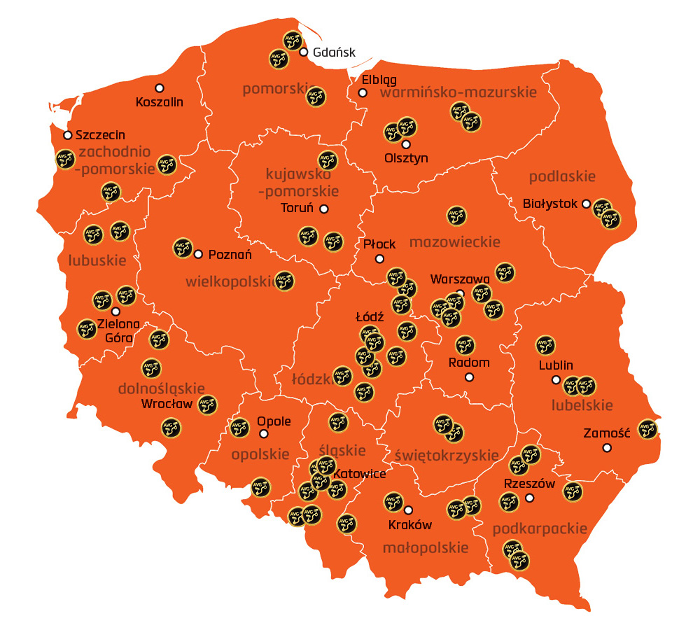 Ferie bez mandatu - pomarańczowa mapa polski z zaznaczonymi czarnymi  punktami i województwami.