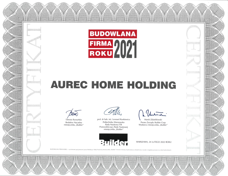 Aurec Home podwójnie wyróżniony w konkursie Builder Awards 2021 - certyfikat dla firmy Aurec Home