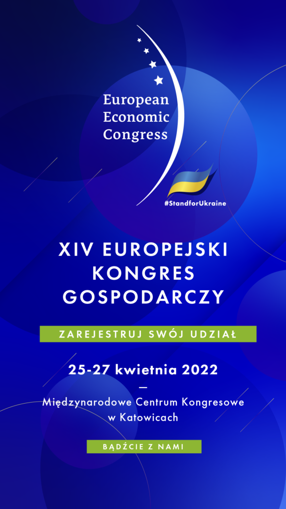 XIV Europejski Kongres Gospodarczy 25-27 kwietnia 2022 r. w Katowicach - granatowy baner z białymi napisami 