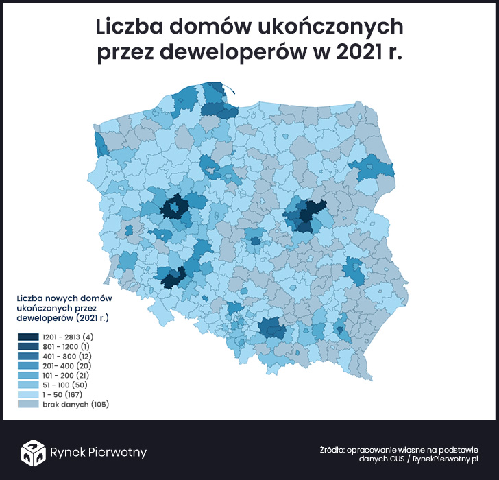 Domy od dewelopera konkurencją dla samodzielnej budowy? - mapa Polski  z zaznaczonymi nowymi domami wybudowanymi przez deweloperów.