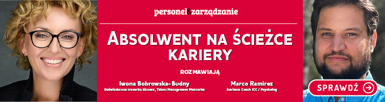 Absolwent na ścieżce kariery - zapraszamy do udziału w rozmowie Iwony Bobrowskiej - Budny z Marco Ramirez- czerwony baner z twarzami kobiety i mężczyzny. 