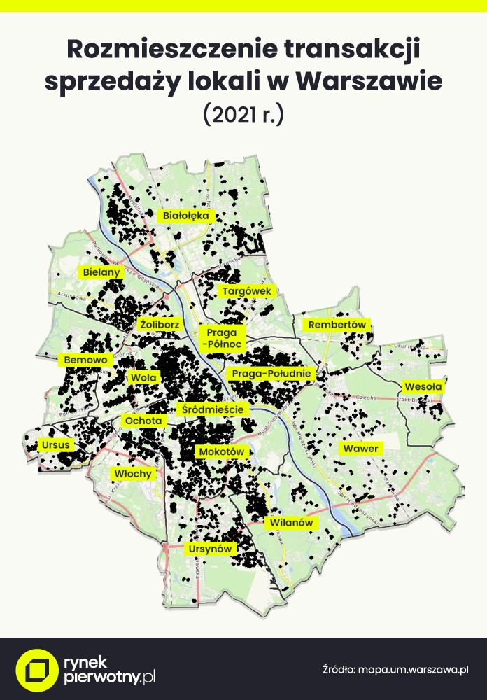 Gdzie w Warszawie najczęściej sprzedają się lokale? - mapa Warszawy, rozmieszczenie transakcji sprzedaży lokali w Warszawie. 