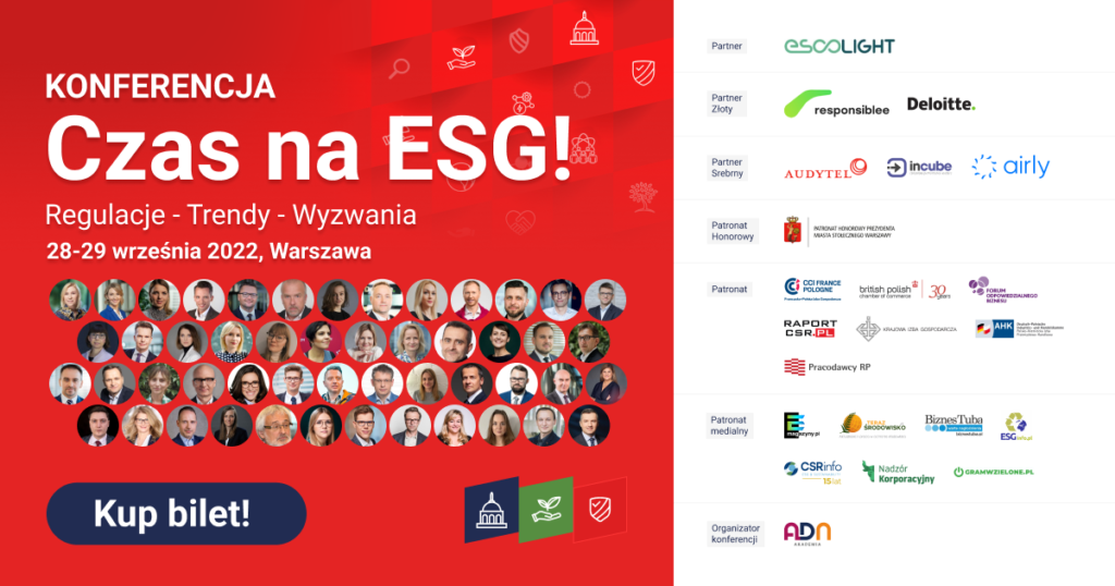 „Czas na ESG!” już 28-29 września - czerwona infografika z logo firm i miniaturowymi twarzami prelegentów konferencji. 