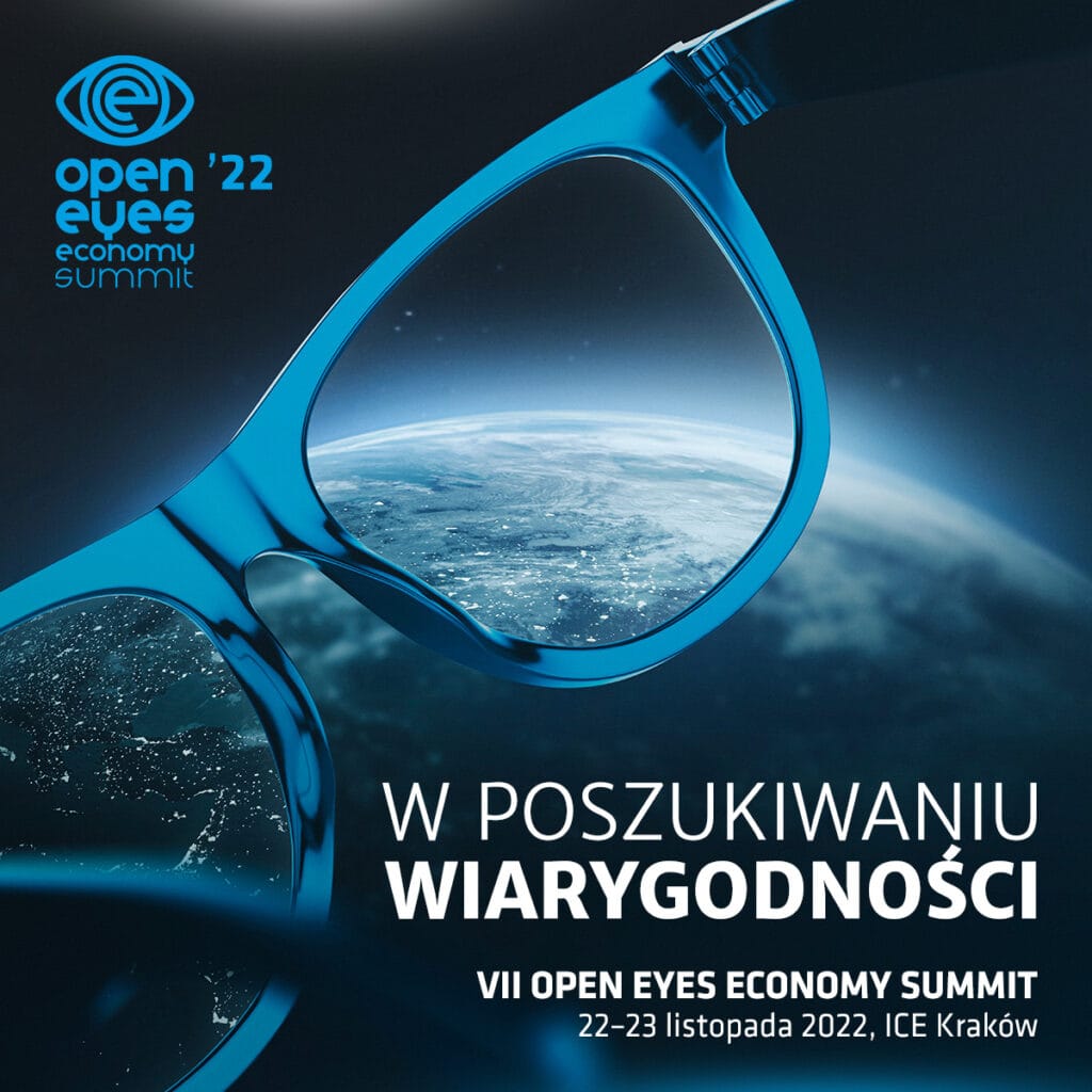 22 listopada rozpoczyna się 7. edycja Open Eyes Economy Summit 2022 - granatowa plansza z białymi napisami, zaproszenie na kongres.