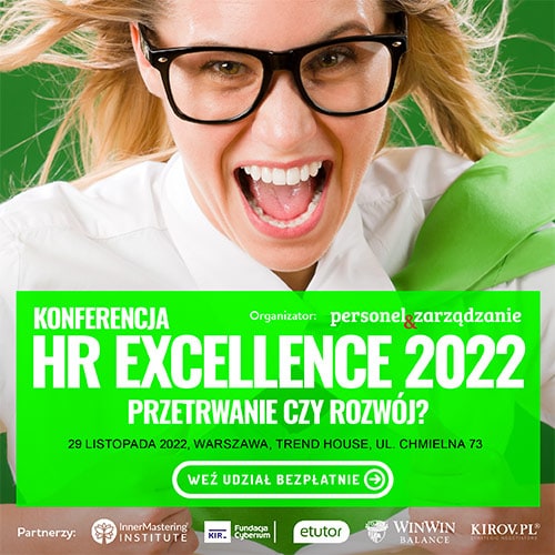 Konferencja HR EXCELLENCE 2022 "Przetrwanie czy rozwój" już 29 listopada! - zielony baner z twarzą kobiety na okładce. 